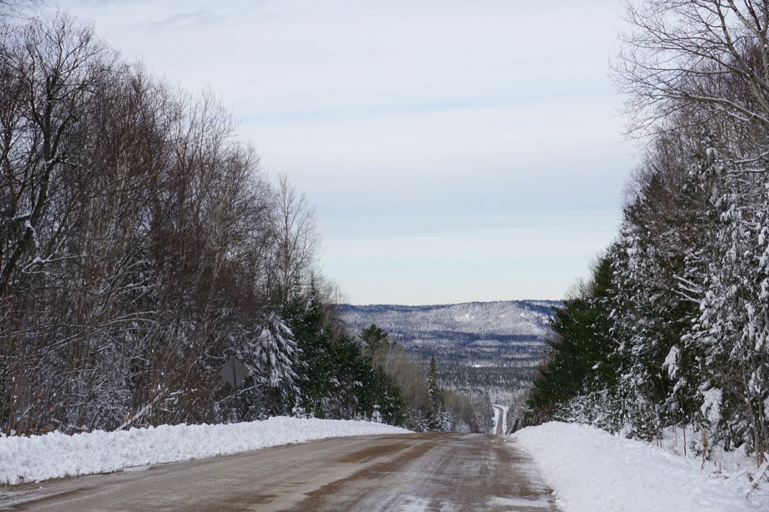 A snow-banked two-lane road descending through mixed winter forest towards forested hills